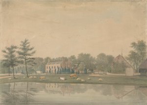 Nordostansicht eines Hauses in Ringmer mit Vieh und Schafen an einem Teich von James Lambert  of Lewes
