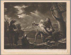 David Garrick als König Lear mit dem Grafen von Kent und Edgar als Tom verkleidet in einer stürmischen Landschaft