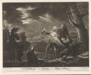 David Garrick als König Lear mit dem Grafen von Kent und Edgar verkleidet als Tom in einer stürmischen Landschaft