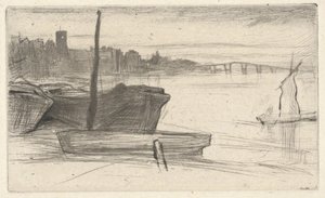 Chelsea Bridge und Kirche, aus dem Thames Set (Eine Serie von sechzehn Radierungen von Szenen an der Themse und anderen Motiven) von James McNeill Whistler