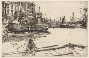 Eagle Wharf (Tyzac, Whiteley & Co.), aus der Thames Set (Eine Serie von sechzehn Radierungen von Szenen an der Themse und anderen Motiven) von James Abbott McNeill Whistler