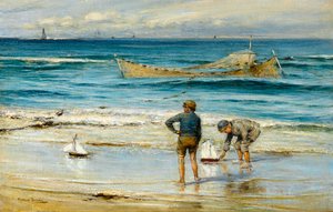 Segelnde Spielzeugboote am Ufer von James Michael Brown