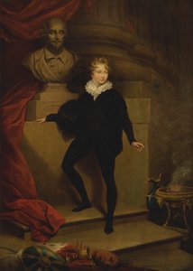 Meister Betty als Hamlet, vor einer Büste von Shakespeare von James Northcote