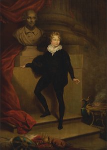 Meister Betty als Hamlet, vor einer Büste von Shakespeare von James Northcote