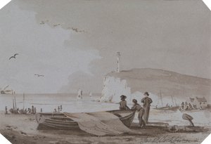 Küstenlandschaft mit Figuren, Booten, Leuchtturm usw. von James Pattison Cockburn