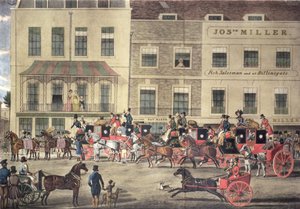 West Country Mails im Gloucester Coffee House, Piccadilly, graviert von C. Rosenberg, 1828