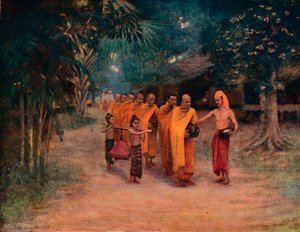 Buddhistische Mönche betteln in einem Dorf - Früher Morgen, 1913 von James Raeburn Middleton