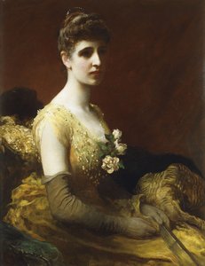 Porträt von Lady Dixon von Rheda, dreiviertel Länge, sitzend, gelbes Kleid mit Blumen, Fächer haltend