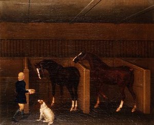 Ein Bräutigam, Pferde und ein Hund in einem Stall von James Seymour
