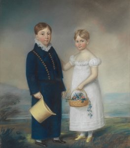 Junge mit Hut und Mädchen mit einem Korb Blumen, stehend in einer Landschaft von James Sharples