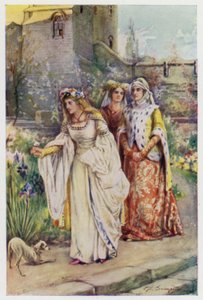 Denn dort im Garten ging die schönste Dame, die er je gesehen hatte, Szene aus The Kingis Quair von James Shaw Crompton