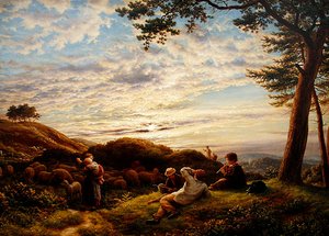Hirtenjungen, die ihre Herde bei Sonnenuntergang hüten