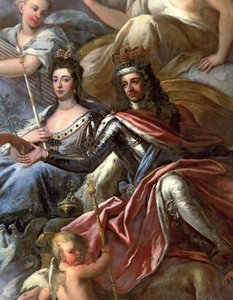 Decke der Painted Hall (Detail von König Wilhelm III. und Königin Maria II. auf dem Thron)