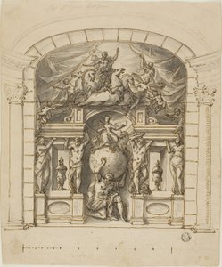 Entwurf für Bühnenbild (Hampton Court) mit mythologischen Figuren