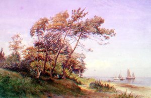 Picknick an der Küste, Isle of Wight, mit einer Yacht, die die Flagge des Royal Yacht Squadron führt von James Waite