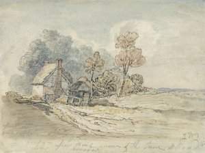 Ein strohgedecktes Cottage und Bäume an einer Landstraße