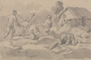 Bauernarbeiter beim Dreschen von Korn