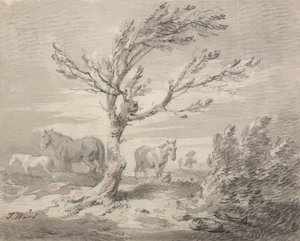 Landschaft mit drei Pferden und einem Baum im Vordergrund
