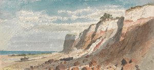 Küste und Klippen, mit einem Pferd und Wagen und einem gestrandeten Boot am Ufer