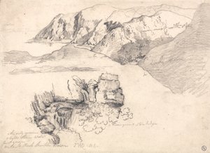 Studien einer hügeligen Küste und eines felsigen Wasserfalls