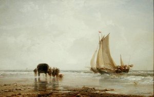 Am Strand: Zwei Fischerboote und eine Gruppe von Frauen (Öl auf Holztafel)