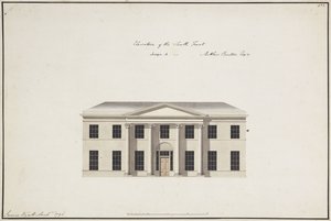 Soho House: Plan des Erdgeschosses; Plan des Schlafzimmers; Ansicht der Südfront, Entwurf A, Ansicht der Südfront, Entwurf B, und Ansicht der Nordfront, 1796 von James Wyatt