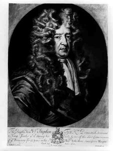 Sir Stephen Fox (1627-1716) im Alter von 75 Jahren, graviert von J. Simon, 1701 von James after Baker