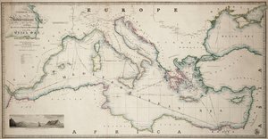Generalkarte des Mittelmeers einschließlich des Golfs von Venedig, des Archipels und eines Teils des Schwarzen Meeres mit den Dampfschifffahrtsrouten