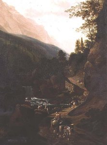 Maultiertreiber auf einem Bergpfad an einem Wildbach