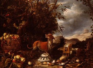 Ein Jagdstillleben mit toten Vögeln, Vogelkäfigen, Obst und einem Hund in einer Laube in einer Landschaft von Jan (follower of) Fyt
