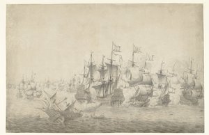 Eine Seeschlacht, möglicherweise bei Lowestoft am 13. Juni 1665 (linkes Blatt) von Jan Abrahamsz. Beerstraten (possibly)