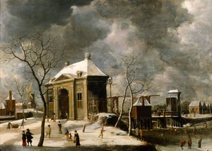 Vermutete Ansicht eines Amsterdamer Tors im Winter von Jan Abrahamsz Beerstraten