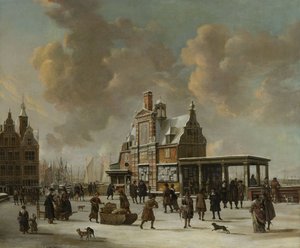Das Paalhuis und die Nieuwe Brug, Amsterdam, im Winter von Jan Abrahamsz. Beerstraten