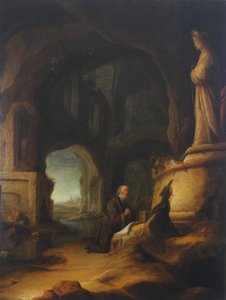 Ein Einsiedler im Gebet in einer Grotte mit klassischen Ruinen