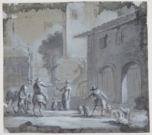 Stadtszene mit einem offenen Tor, Figuren und Tieren