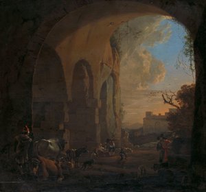 Treiber mit Vieh unter einem Bogen des Kolosseums in Rom