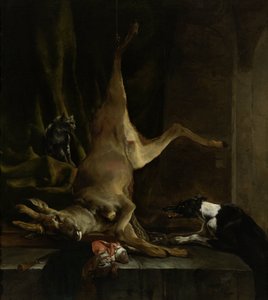 Ein Hund und eine Katze in der Nähe eines teilweise ausgeweideten Hirsches von Jan Baptist Weenix