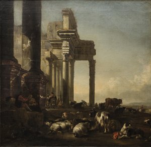 Italienische Landschaft mit Bauern, Vieh und Schafen bei klassischen Ruinen, um 1650er Jahre (Öl auf Leinwand)