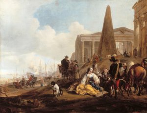 Mediterrane Hafenszene mit rastenden Figuren vor antiken Ruinen von Jan Baptist Weenix