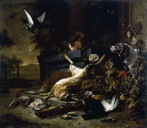 Stillleben mit Wild, darunter ein Hase, ein Auerhahn und ein Rebhuhn, ein Spaniel schaut zu, mit einer Taube im Flug