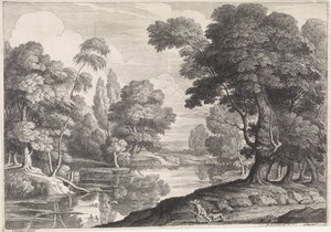 Landschaft mit Jäger, der auf Enten jagt