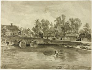 Mann angelt im Fluss nahe Dorf von Jan Baptiste de Jonghe