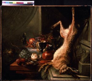 Stillleben mit einem Hasen von Jan Baptiste van Moerkerke