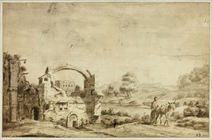 Italienische Landschaft mit Ruinen, Frau und Esel