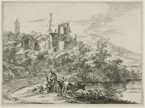 Landschaft mit Ruinen und zwei Kühen am Wasser, aus einer Serie von vier horizontalen römischen Landschaften