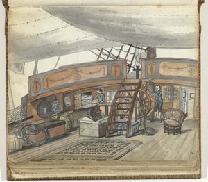 Deckansicht eines Ostindienfahrers mit Steuermann am Ruder
