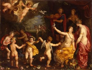 Allegorie der Liebe: Venus hält ein Paar angebundene Tauben, mit Ceres, Apollo und Diana, umgeben von tanzenden Putti, in einer Landschaft von Jan Brueghel the Elder
