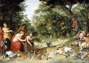 Eine Allegorie der Elemente, Erde, Luft und Wasser: Nymphen baden in einer bewaldeten Lichtung mit Jagdtrophäen in der Nähe, um 1621 von Jan Brueghel the Elder
