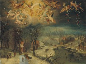 Eine Winterlandschaft mit Dorfbewohnern, die Holz sammeln, und Schlittschuhläufern auf einem zugefrorenen Fluss..., Erstes Drittel des 17. Jahrhunderts