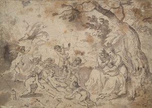 Die Jungfrau Maria und St. Joseph und das Christkind, St. Johannes und Engel spielen mit den Instrumenten der Passion von Jan Brueghel the Elder